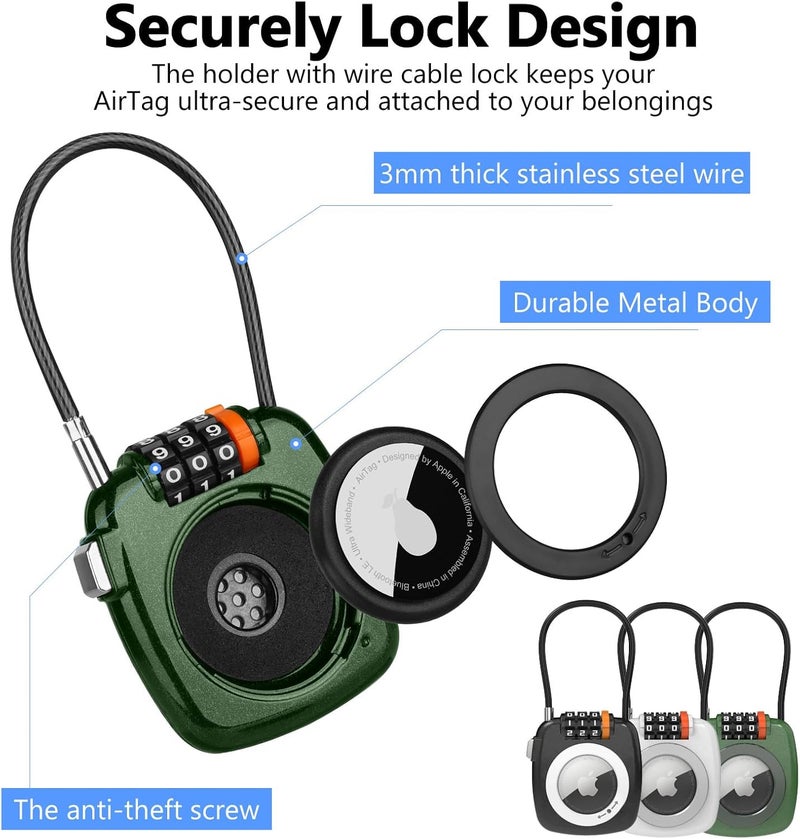 TUXON Compatible with Apple AirTag Secure Lock with Wire Cable, 3-Digit Combination Luggage Locks, Alloy Body Ultra Durable Anti-Lost Protective Case for Luggage, Bags, Suitcase, and Backpacks (GREEN) - Image 5